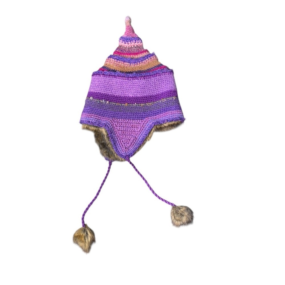 Funky Crochet Chunky Knit Pointed TRAPPER Hat Faux FUR lined Adult - Picture 4 of 11